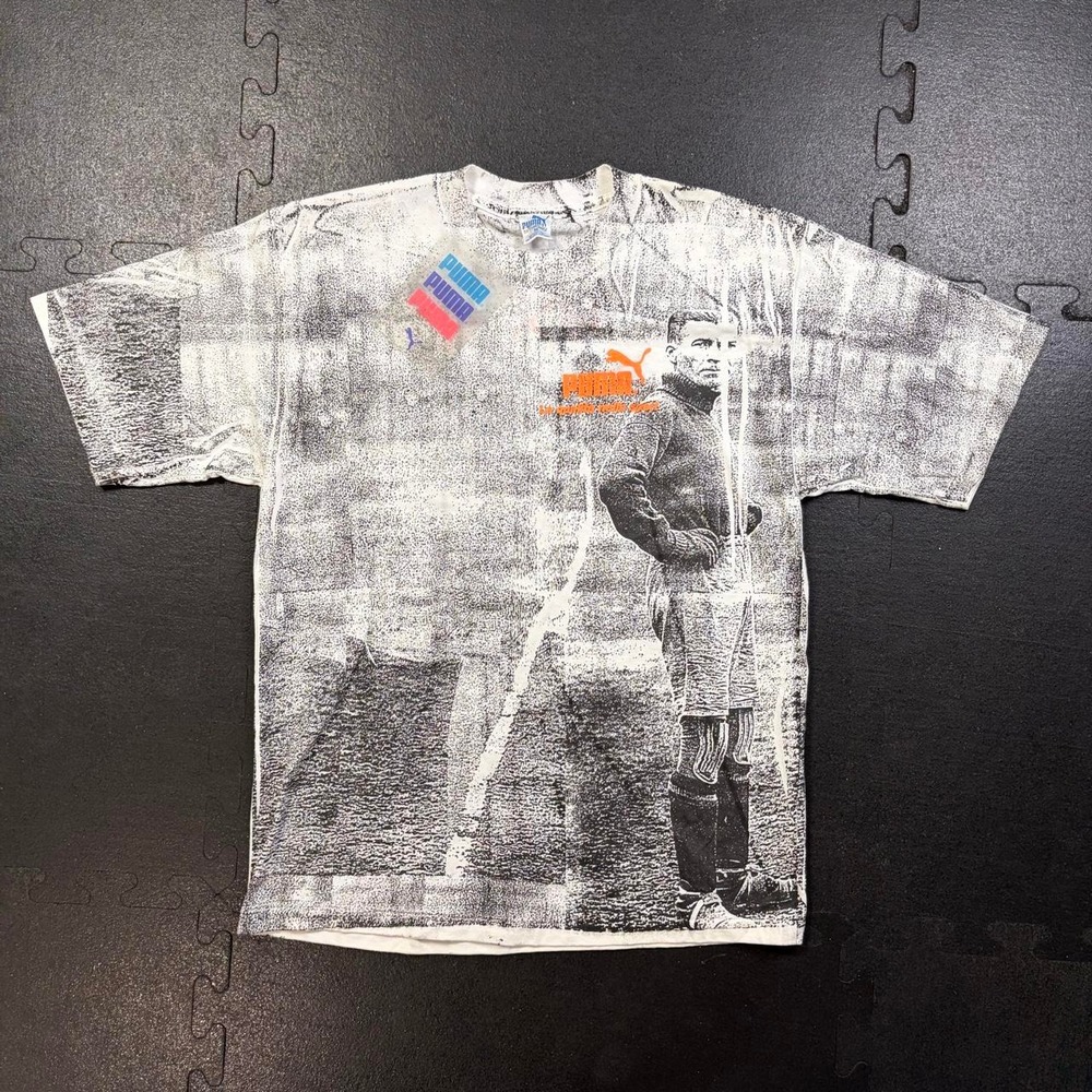 Vintage 90s Puma Football Soccer AOP Deadstock Tee Shirt Single Stitch Mens M